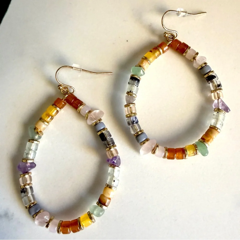 Colorful Stone Bead Earrings Teardrop Boho Natural Stones Jewelry Gift NEW - Picture 2 of 6